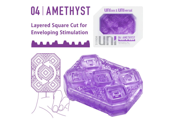Унісекс-стимулятор Tenga UNI Amethyst, фіолетовий, візерунок у вигляді рельєфних квадратів, лубрикант у комплекті Унісекс-стимулятор Tenga UNI Amethyst, фіолетовий, візерунок у вигляді рельєфних квадратів, лубрикант у комплекті