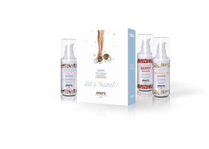 Набір розігрівальних  масажних олій EXSENS Lets Travel (3х30 мл): кокос, полуниця і ваніль Набір розігрівальних  масажних олій EXSENS Lets Travel (3х30 мл): кокос, полуниця і ваніль