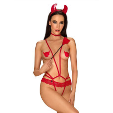 (SALE) Еротичний костюм чортика зі стреп Obsessive Evilia teddy red L/XL, боді, чокер, накладки на соски, о
