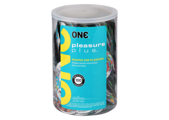 Набір презервативів ONE Pleasure Plus, 100 шт, з ребристою ділянкою на кінці, паковання-тубус Набір презервативів ONE Pleasure Plus, 100 шт, з ребристою ділянкою на кінці, паковання-тубус