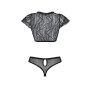 Комплект Passion LEAFA BIKINI black S/M, бюстгальтер-топ з рукавчиками, стрінги-шортики з вирізом
