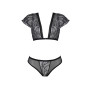 Комплект Passion LEAFA BIKINI black S/M, бюстгальтер-топ з рукавчиками, стрінги-шортики з вирізом
