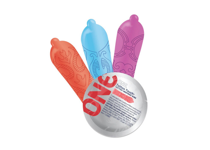 Набір презервативів ONE Tattoo Touch, 100 шт, з рельєфом у вигляді тату, 3 різновиди Набір презервативів ONE Tattoo Touch, 100 шт, з рельєфом у вигляді тату, 3 різновиди