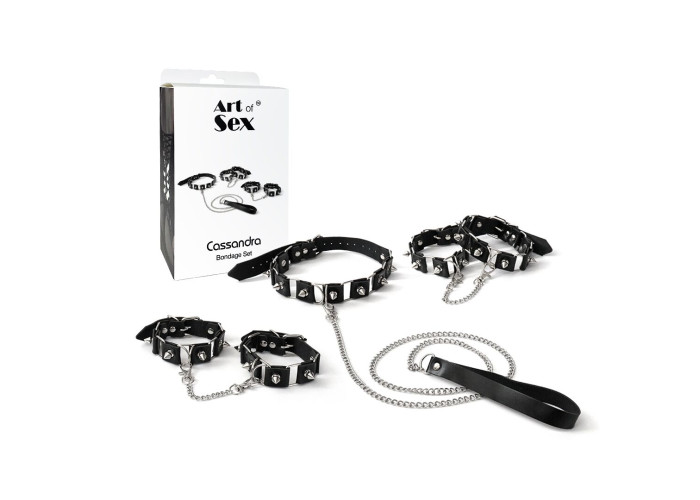 Бондажний набір: нашийник з повідцем, наручники та поножі Art of Sex - Cassandra, колір чорний Бондажний набір: нашийник з повідцем, наручники та поножі Art of Sex - Cassandra, колір чорний