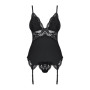 Сатиновий мереживний корсет Obsessive 810-COR-1 babydoll & thong L/XL, чорний, корсет, танга