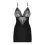 Сатиновий комплект для сну з мереживом Obsessive 828-CHE-1 chemise & thong S/M, чорний, сорочка, стр
